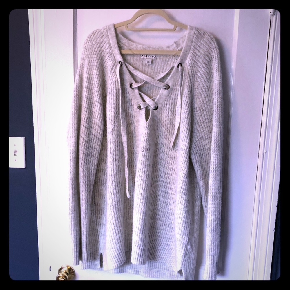 Ava & Viv Grey Lace-Up Sweater